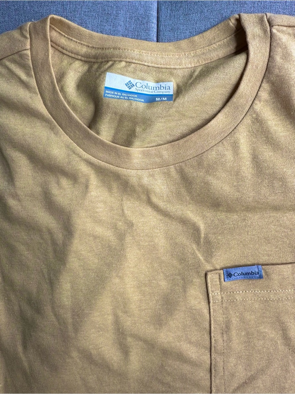 Columbia Short-Sleeve Pocket Tee in Tan with Blue Tag